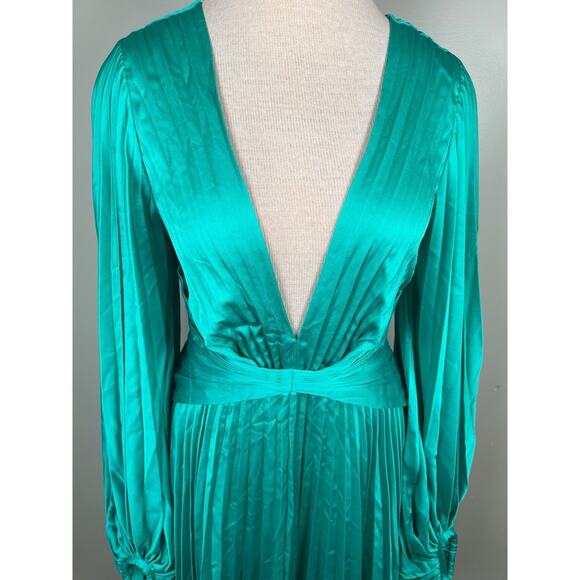 Acler Palms Pleated Long Sleeve Asymmetric Satin Green Midi Dress Sz 6 - Picture 5 of 11